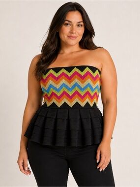 Gracia Strapless Peplum Top Size L Multicolor Chevron Black Ruffle